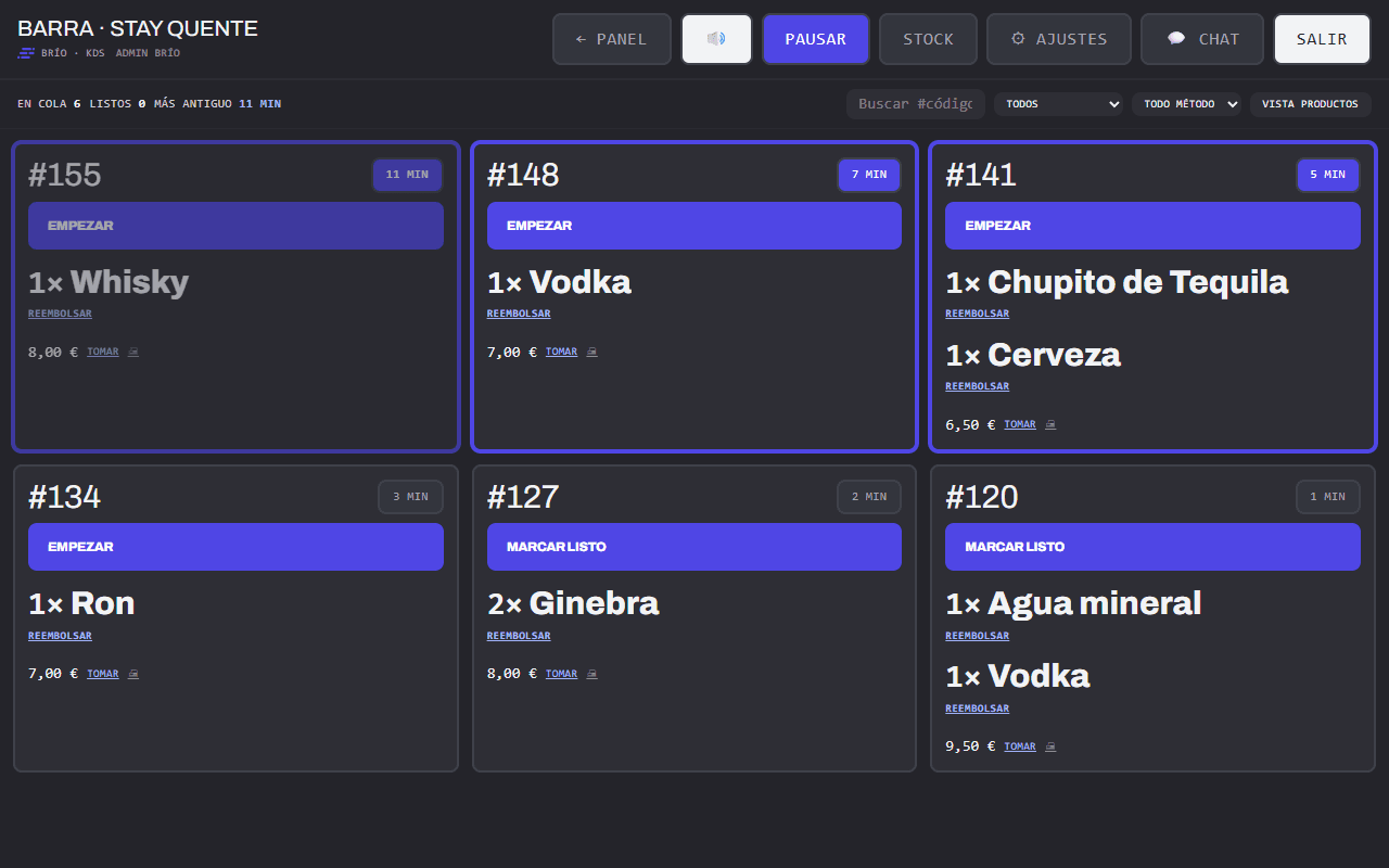 Pantalla de preparación de Brío con la cola de pedidos y su semáforo de tiempo
