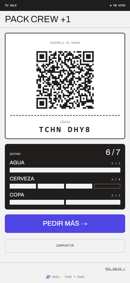 Vale de Brío en el móvil, con su código QR y el saldo restante